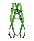 Roofer Fall Protection Kit With Adjustable Full Body Harness close-up, green harness with black straps, front view.