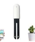 4 In 1 Soil Moisture Meter Plant Water Monitor With Bluetooth For Indoor Plants, Tracks Moisture Temperature Light And Fertility, Syncs With Flower Care And Mi Home Apps, Easy Hygrometer Sensor For Home Garden, shown with app and potted cactus