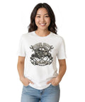 Retro Hot Rod Tee With Distressed Gear Wrench Emblem Design For Gearheads And Car Lovers Who Love Vintage Garage Style Artwork on a white shirt.