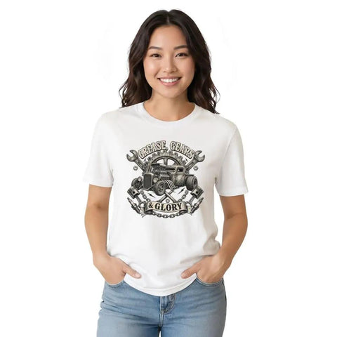 Retro Hot Rod Tee With Distressed Gear Wrench Emblem Design For Gearheads And Car Lovers Who Love Vintage Garage Style Artwork on a white shirt.