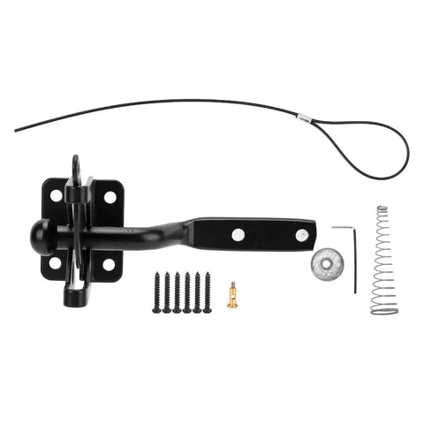 Aramox Carbon Steel Fence Latch with Spring Lock for gate, black latch, screws and installation parts included.