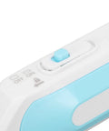 Close-up of switch on Cordless Battery Powered Electric Scissors With A Beefy Ergonomic Grip And Heavy Duty Blades.