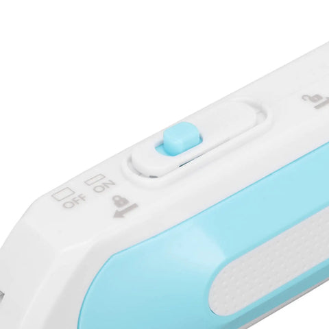 Close-up of switch on Cordless Battery Powered Electric Scissors With A Beefy Ergonomic Grip And Heavy Duty Blades.