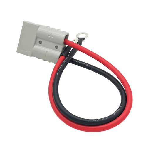 Rock Solid Heavy Duty Quick Connect Charging Cord For Electric Forklift Battery Industrial Grade Plug Interface Dual Pack 50 Amp 600 Volt Silicone Tinned Wire Harness, close-up of connector and silicone wires.