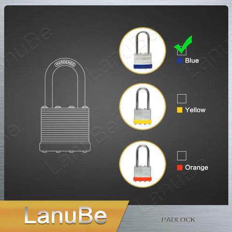 Image of color options for Laminated Padlock Set 1 9 16 Inch Wide Body With Long Shackle, showing blue, yellow, and orange variants.
