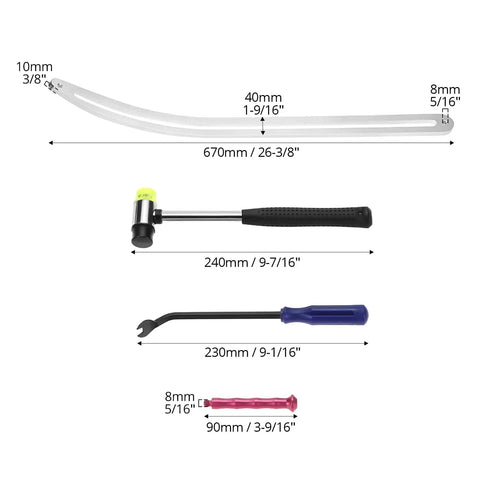 Measured tools from Car Dent Removal Tool Kit for DIY Auto Fender Repair, including stainless steel puller, mallet, and rods.