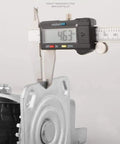 Four Pack Heavy Duty Rubber Swivel Casters With Brakes measurement showing 463mm size with digital caliper.