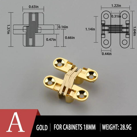4 Pcs Concealed Cross Hidden Door Hinges For Cabinets 18mm Invisible 180 Degree Swing With Smooth Silent Close No Squeaks Zinc Alloy Build Easy Install For Wooden Doors And Cross Folding Cabinet Doors. Gold hinge with measurements.