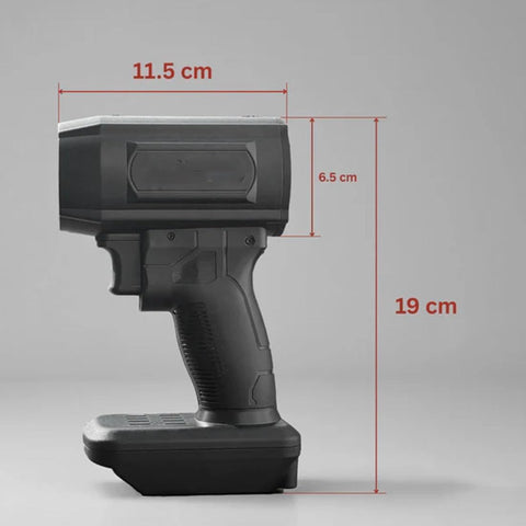 Side view of Powerhouse Cordless Jet Blower Upgraded 160000 RPM 200 MPH Handheld Turbo Leaf Blower with dimensions