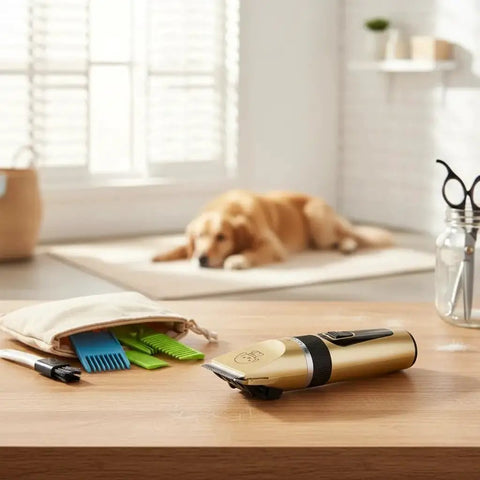 Hassle-Free Rechargeable Electric Hair Clippers For Dogs And Cats, Peaceful Home Grooming Kit with combs on a table.