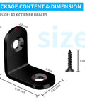 40Pcs L Bracket Set In Black Stainless Steel With 80 Screws For Wood Furniture Cabinets Chairs Shelves And Bookshelves Right Angle Corner Braces 20x20x16mm 5mm Hole Diameter Durable Quick Install Fasteners, includes size details with screw