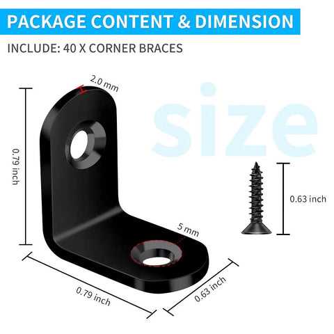 40Pcs L Bracket Set In Black Stainless Steel With 80 Screws For Wood Furniture Cabinets Chairs Shelves And Bookshelves Right Angle Corner Braces 20x20x16mm 5mm Hole Diameter Durable Quick Install Fasteners, includes size details with screw