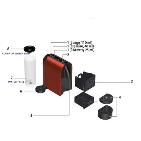 Water Tank Lid Reservoir Replacement For Nespresso U Series C50 D50 Machines exploded view with tank components