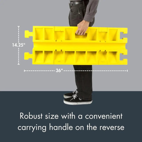 Person holding a yellow Drive-Over Cable Protector One Channel With Drop-In Design For 2.25 Inch Lines, 14.25 x 36 inches