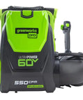 Tough As Nails Brushless Cordless Backpack Leaf Blower with green and black design, 60V power, 550 CFM airflow for yard work.