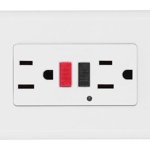 Heavy Hit Smart GFCI Outlet With Built Tough Safety Shutters And Slick 15 Amp 120 V Wall Socket showing reset and test buttons.