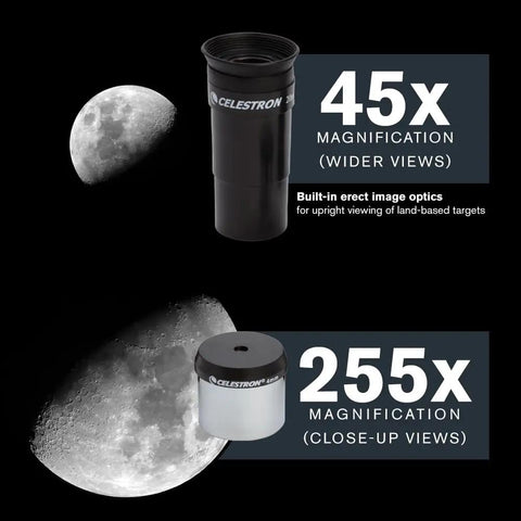 PowerSeeker 114EQ Telescope For Beginners With Manual German Equatorial Mount Portable 114mm Aperture Ideal For Moon Planets And Deep Sky Viewing Plus Bonus Astronomy Software Package, showcasing 45x and 255x magnification lenses