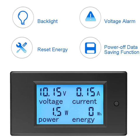 4 In 1 DC Ammeter Voltmeter Watt Meter Panel Digital Display For Car Motorcycle And Solar Systems 12V DC 6.5 To 100V 0 To 20A Energy Power Usage Monitor With LCD Readout showing voltage and current readings