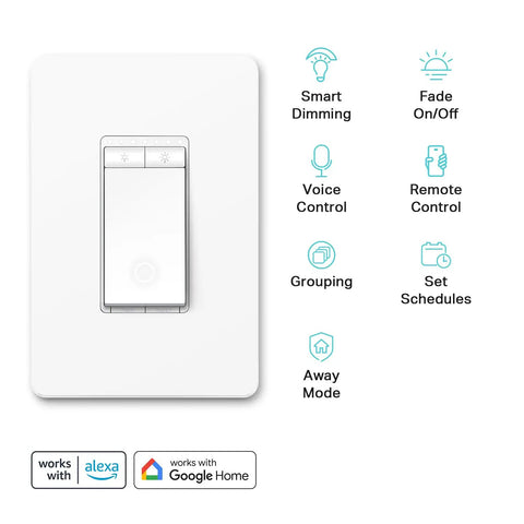 Smart Dimmer Switch For Single Pole Lights With Neutral Wire Required 2.4GHz WiFi Plays Nice With Alexa And Google Home UL Certified No Hub Needed 1 Pack App Guided Install shown with features icons