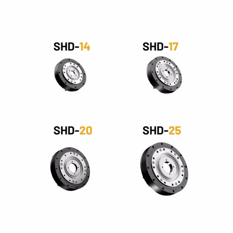 SHD 14, 17, 20, and 25 helical gear reducers for CNC automation and servo drives, highlighting different sizes in a row.
