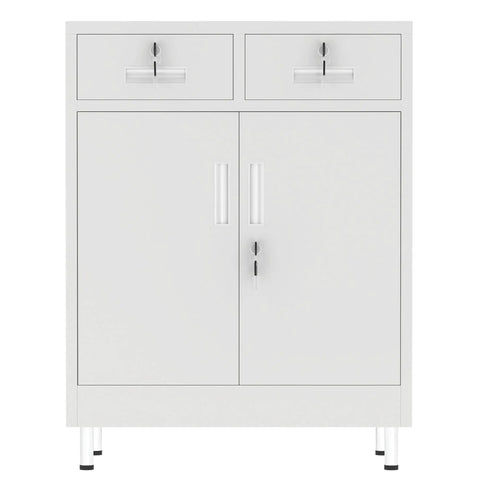 Front view of Built Tough Metal Storage Cabinet With Locking Doors And Two Drawers Lockable Cabinet With Adjustable Shelf White Finish