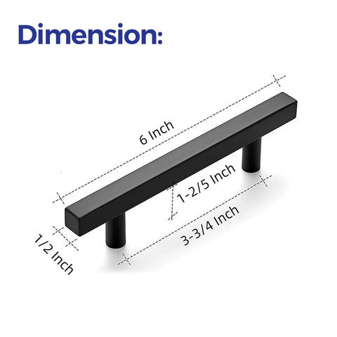 Dimensions of 30 Pack 6 Inch Square Cabinet Pulls Matte Black Stainless Steel Kitchen Drawer Handles with 3.75 inch hole centers.