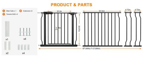 Diagram of Extra Wide Baby Gate and Dog Gate for Large Openings, Black Metal Tension Mount Indoor Safety Gate with parts list.
