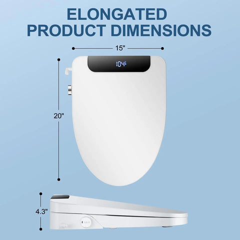 Premium Elongated Electric Bidet Toilet Seat diagram showing dimensions 15x20x4.3 inches with digital display and design features.