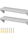 Two Pack Top Tier Wall Mounted Floating Shelves Crafted From Brushed Stainless Steel For Badass Kitchen Bar Restaurant And Hotel Setup With Rock Solid Brackets That Lock Firm And Handle Heavy Loads Daily, featuring durable shelving with brackets and screws.
