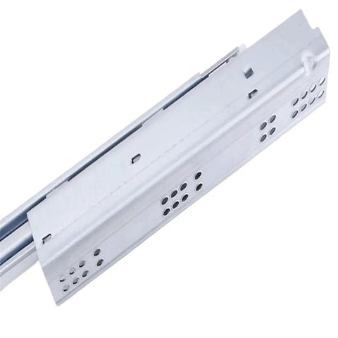 Close-up of Three Section Full Extension Drawer Slides with bottom mount, hidden damping, and 600mm length for heavy duty drawers.