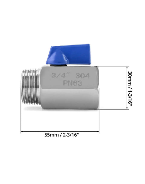 Side view of 2 Pack Mini Ball Valves Three Quarter Inch Female And Male Stainless Steel 304 Shut Off Valves With Double Seal System
