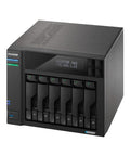 Top Shelf Six Bay Network Attached Storage With Beefy Intel Celeron Processor And Four M2 Nvme Slots Powering Dual Two Point Five Gigabit Ethernet Links Along With Eight Gb Ram And One Terabyte Ssd For No Sweat Backups in a sleek black design.