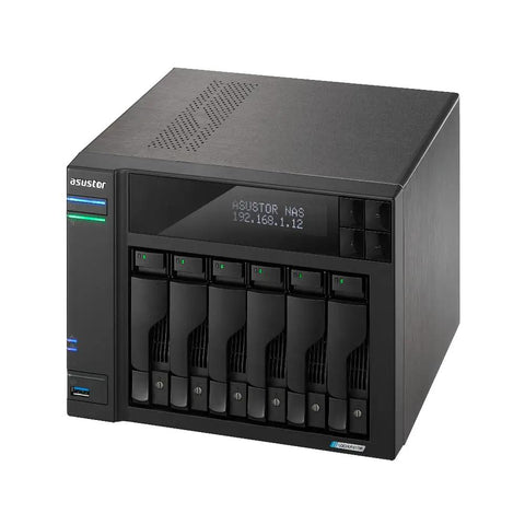 Top Shelf Six Bay Network Attached Storage With Beefy Intel Celeron Processor And Four M2 Nvme Slots Powering Dual Two Point Five Gigabit Ethernet Links Along With Eight Gb Ram And One Terabyte Ssd For No Sweat Backups in a sleek black design.