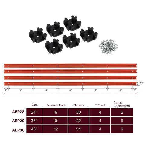 36 Inch Double Cut Aluminum T Track Kit For Woodworking, featuring 4 tracks, 6 intersections, and screws, with size chart details
