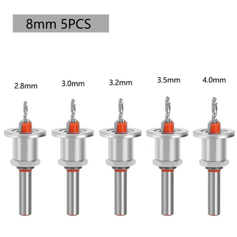 Super Versatile 5Pcs Adjustable Depth Stop Countersink Drill Bits For Super Smooth Board Install Jobs With High Hardness Alloy Steel and Precision Tapered Heads That Rock, showing five sizes 2.8mm to 4.0mm.