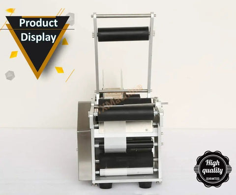 No Sweat Semi Automatic Round Bottle Labeling Machine Built Tough Label Applicator front view with adjustable guide rails.