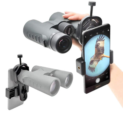 Universal Smartphone Telescope And Microscope Adapter Mount for phones, showing attachment on binoculars capturing a bird photo.