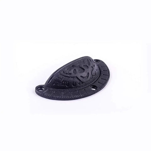 Antique Black Cast Iron Cup Bin Handle showing detailed craftsmanship, 3.7 inches for vintage cabinetry projects.