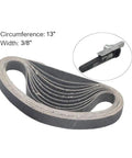 Three Eighths Inch By Thirteen Inch Sanding Belts 20 Pack, coiled belts with dimensions, plus sander tool in inset.