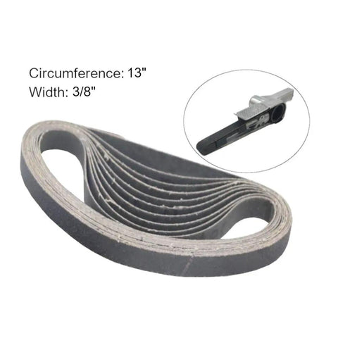 Three Eighths Inch By Thirteen Inch Sanding Belts 20 Pack, coiled belts with dimensions, plus sander tool in inset.
