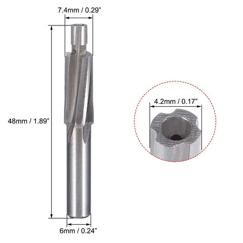 uxcell HSS-AL cobalt counterbore end mill, front view, 4 flutes, 7.4mm diameter, 6mm shank.