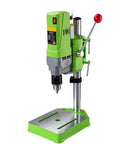 Beefy 710W Mini Drill Press With Cast Iron Base, 6-Speed Variable Speed 0-2800RPM, 1-13mm Chuck, front view with green casing.
