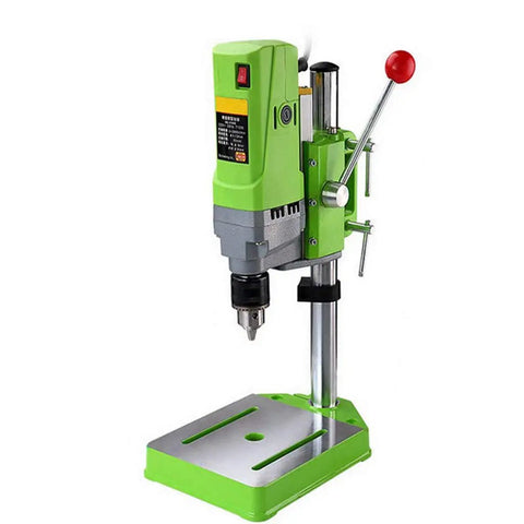 Beefy 710W Mini Drill Press With Cast Iron Base, 6-Speed Variable Speed 0-2800RPM, 1-13mm Chuck, front view with green casing.