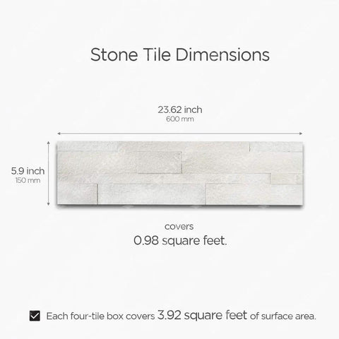 Dimensions of peel and stick stone tile backsplash for kitchen and bathroom four sheets 3D real stone veneer natural white.