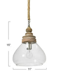 Glass and Mango Wood Ceiling Pendant Light with Distressed Brown Canopy and Jute Wrapped Cord, 112 Inch Chain, 15x11 Inch Size