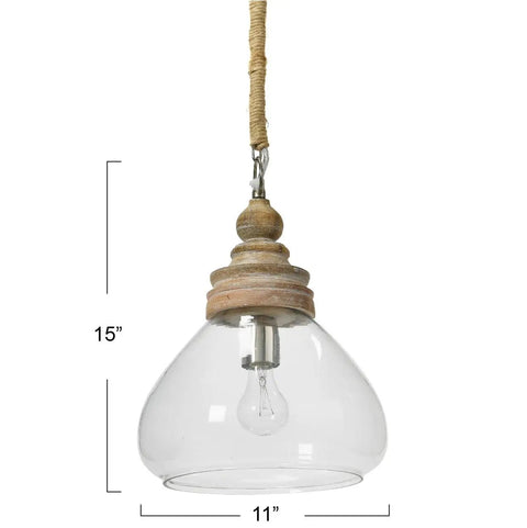 Glass and Mango Wood Ceiling Pendant Light with Distressed Brown Canopy and Jute Wrapped Cord, 112 Inch Chain, 15x11 Inch Size