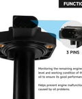 Detailed view of oil level sensor replacement for BMW 3.0L I6 gas engines showing 3-pin connection and function description.
