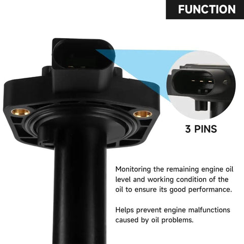 Detailed view of oil level sensor replacement for BMW 3.0L I6 gas engines showing 3-pin connection and function description.