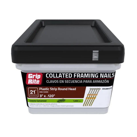 21 Degree Round Head Framing Nails 3 Inch By.120 Inch Plastic Strip, Ring Shank, Galvanized, Exterior-Grade For Most 21 Degree Nailers, 1000 Count In Plastic Tub