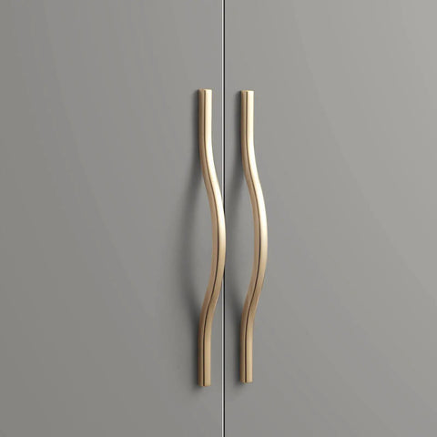 Low Profile Brushed Brass Cabinet Pulls with Dual Hole Centers 6.3 Inch and 7.6 Inch Zinc Alloy Handle on Grey Cupboards